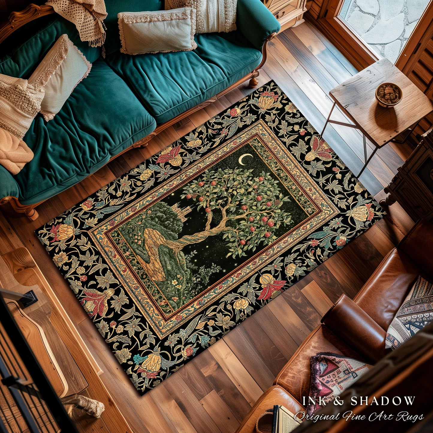 Moonlit Magic Whimsical Tree Area Rug | Celestial Forest Midnight Aesthetic Folklore Fairy Tale Decor Medieval Style Home Accent Celestial