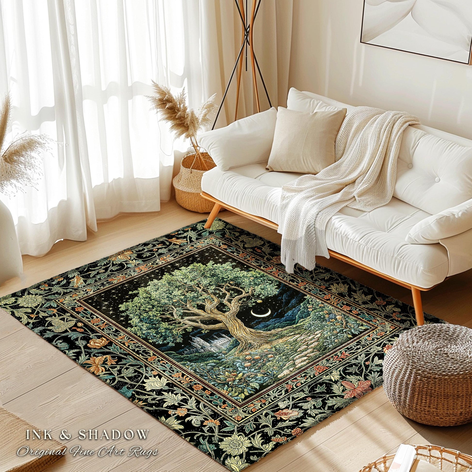 Fairytale Castle Tree of Life Area Rug | Celestial Forest Landscape Starry Sky Decor Witchy Home Aesthetic Mystical Cottagecore Accent Boho