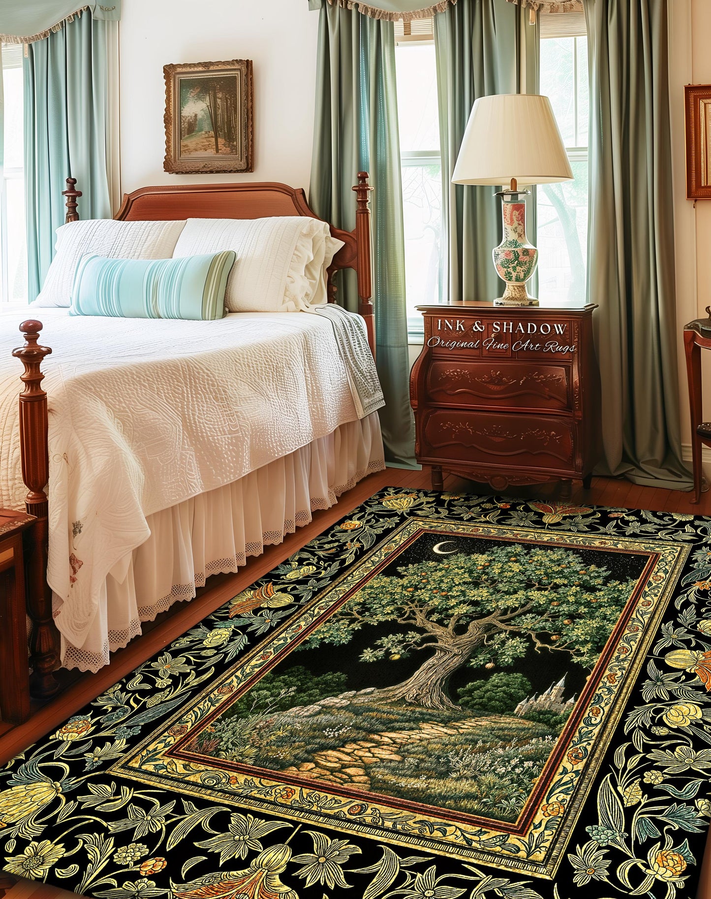 Emerald Aesthetic Folklore Area Rug | Celestial Tree of Life Moonlit Forest Enchanted Mystic Woodland Decor Dark Cottagecore Whimsical Decor