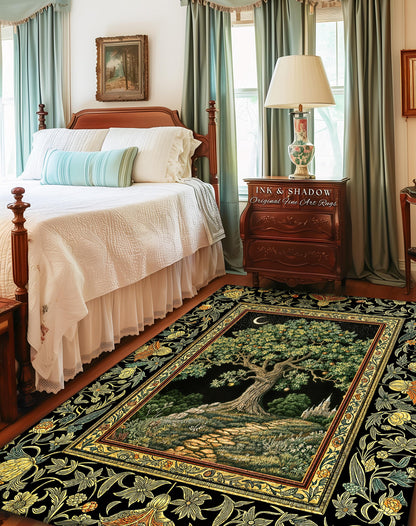 Emerald Aesthetic Folklore Area Rug | Celestial Tree of Life Moonlit Forest Enchanted Mystic Woodland Decor Dark Cottagecore Whimsical Decor