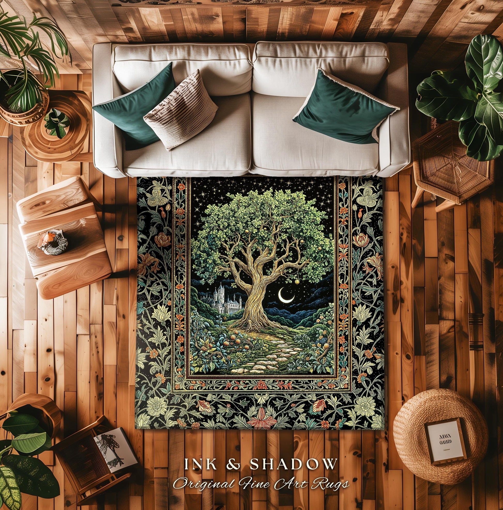 Fairytale Castle Tree of Life Area Rug | Celestial Forest Landscape Starry Sky Decor Witchy Home Aesthetic Mystical Cottagecore Accent Boho