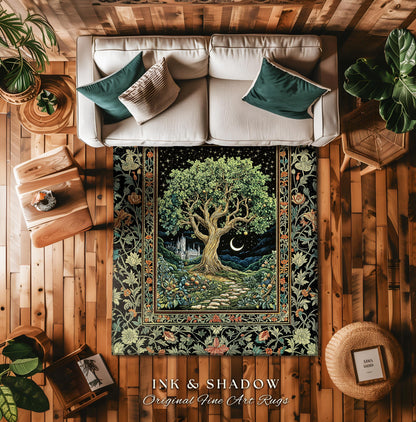 Fairytale Castle Tree of Life Area Rug | Celestial Forest Landscape Starry Sky Decor Witchy Home Aesthetic Mystical Cottagecore Accent Boho