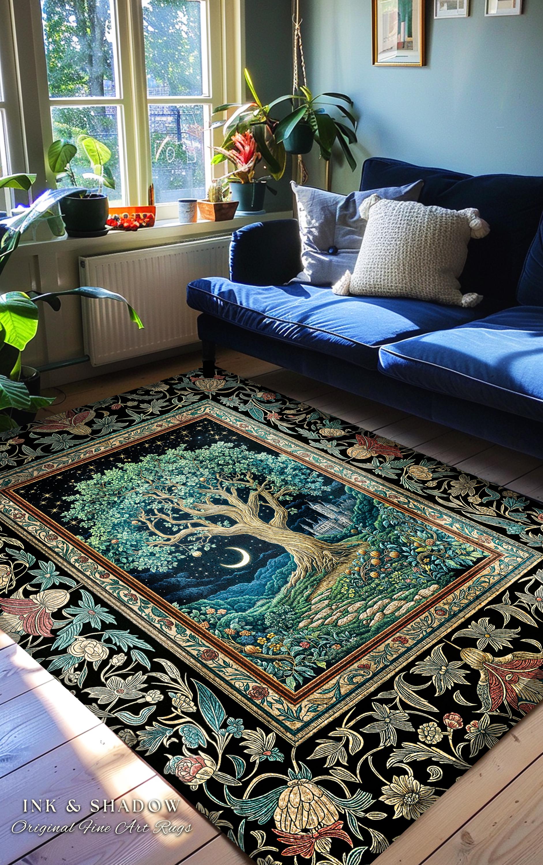 Fantasy Castle Tree of Life Area Rug | Celestial Moon Decor Star Garden Design Folklore Inspired Rug Enchanted Forest Medieval Home Style
