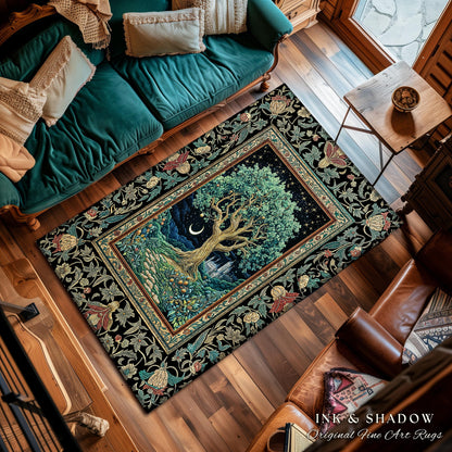 Fantasy Castle Tree of Life Area Rug | Celestial Moon Decor Star Garden Design Folklore Inspired Rug Enchanted Forest Medieval Home Style