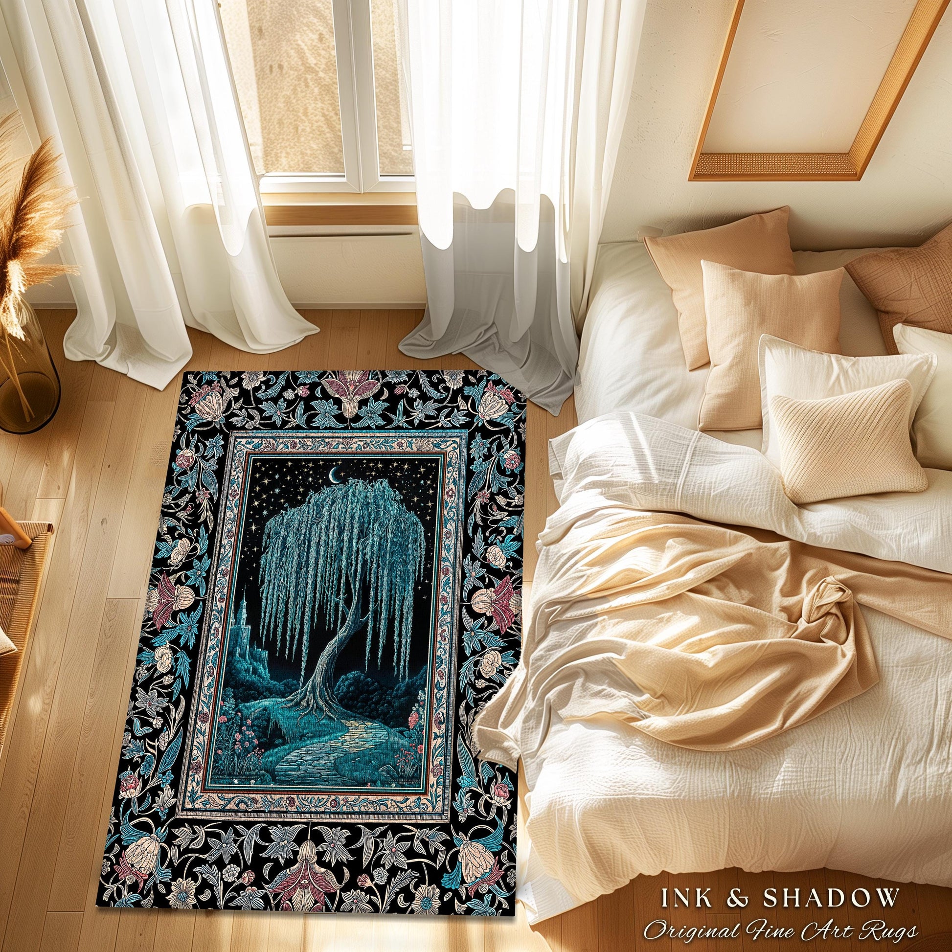 Mystic Weeping Willow Accent Rug | Moonlit Castle Moody Starry Night Woodland Folklore Fantasy Dark Academia Area Rug Decor Dreamy Style |