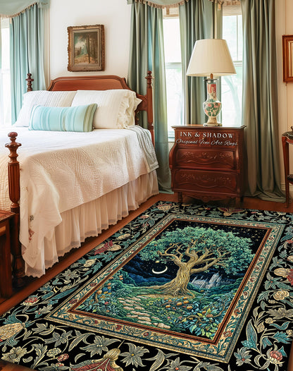 Fantasy Castle Tree of Life Area Rug | Celestial Moon Decor Star Garden Design Folklore Inspired Rug Enchanted Forest Medieval Home Style
