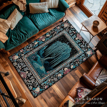 Mystic Weeping Willow Accent Rug | Moonlit Castle Moody Starry Night Woodland Folklore Fantasy Dark Academia Area Rug Decor Dreamy Style |