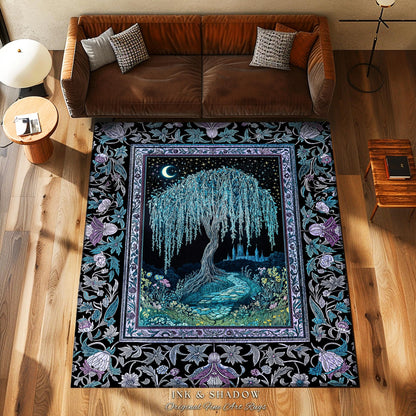Dreamy Willow Tree Moody Area Rug | Enchanted Aesthetic Celestial Folklore Storybook Decor Witchy Home Accent Dark Academia Medieval Decor |