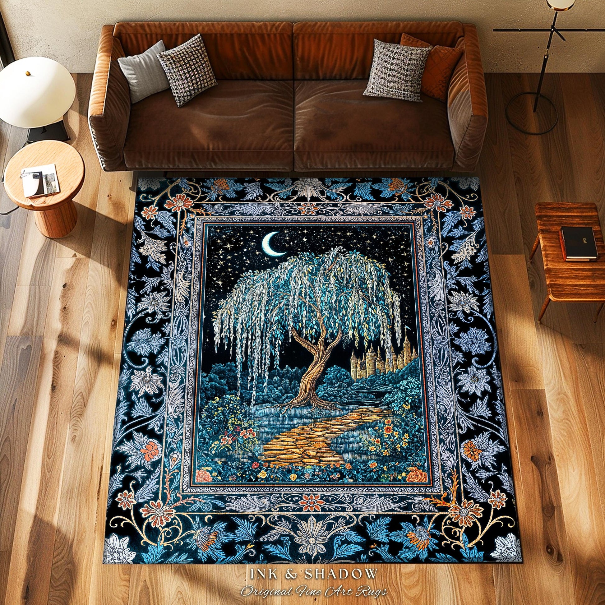 Crescent Moon Medieval Forest Rug | Weeping Willow Tree Fairytale Castle Garden Folklore Decor Celestial Home Accent Witchcore Aesthetic