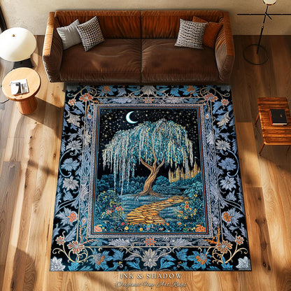 Crescent Moon Medieval Forest Rug | Weeping Willow Tree Fairytale Castle Garden Folklore Decor Celestial Home Accent Witchcore Aesthetic
