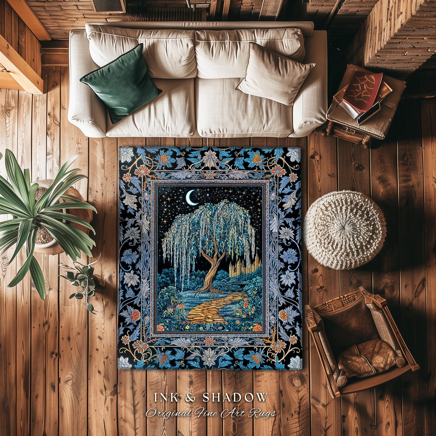 Crescent Moon Medieval Forest Rug | Weeping Willow Tree Fairytale Castle Garden Folklore Decor Celestial Home Accent Witchcore Aesthetic