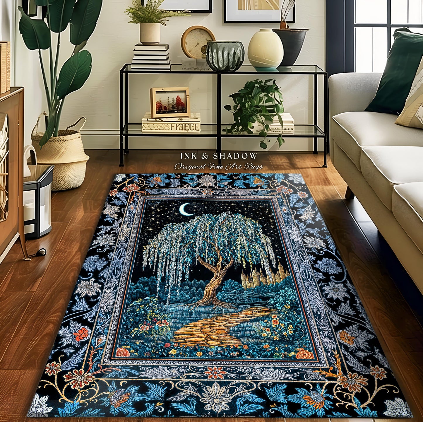 Crescent Moon Medieval Forest Rug | Weeping Willow Tree Fairytale Castle Garden Folklore Decor Celestial Home Accent Witchcore Aesthetic