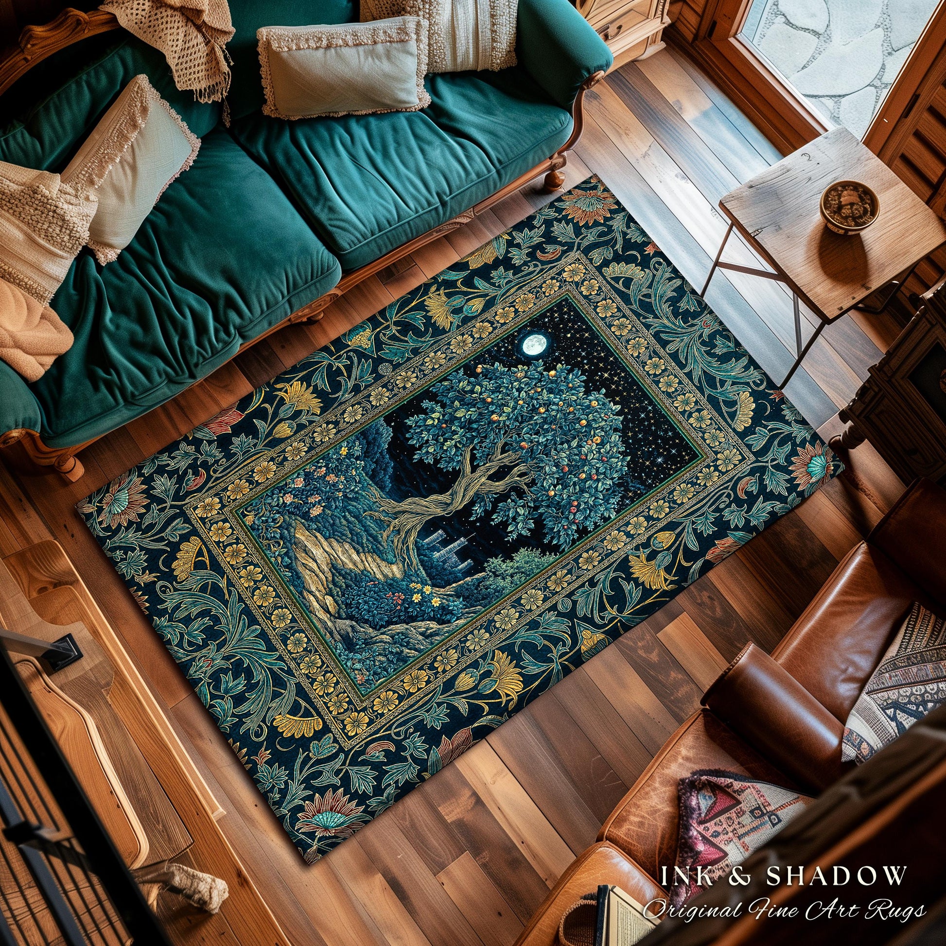 Enchanted Woodland Path Area Rug | Dreamy Moonlit Medieval Garden Decor Celestial Willow Tree Fantasy Style Gothic Home Accent Fairycore |