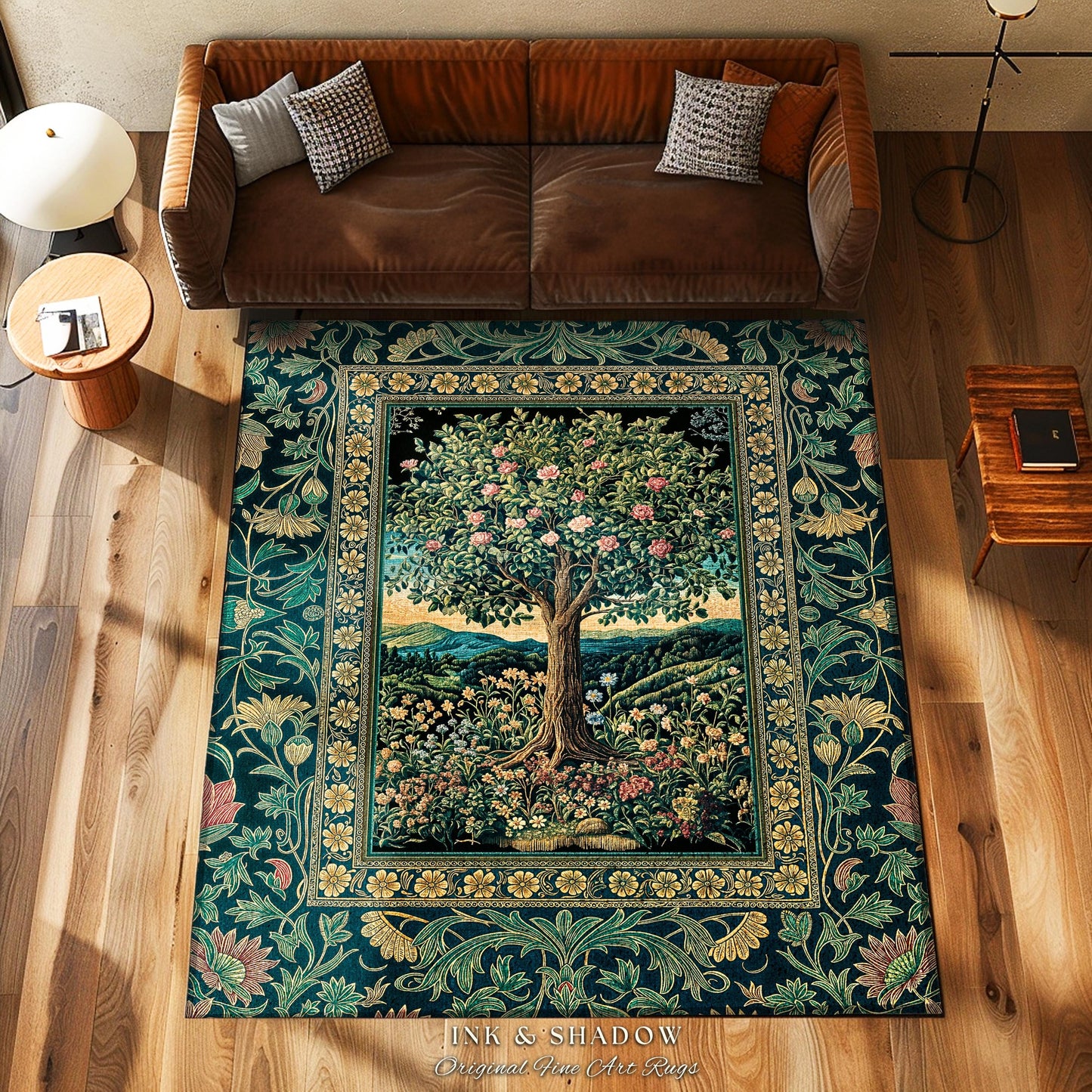 Countryside Sunset Tree of Life Rug | Elegant Floral Landscape Wildflower Decor Nature Inspired Cottagecore Home Accent Rug Storybook Vibe |