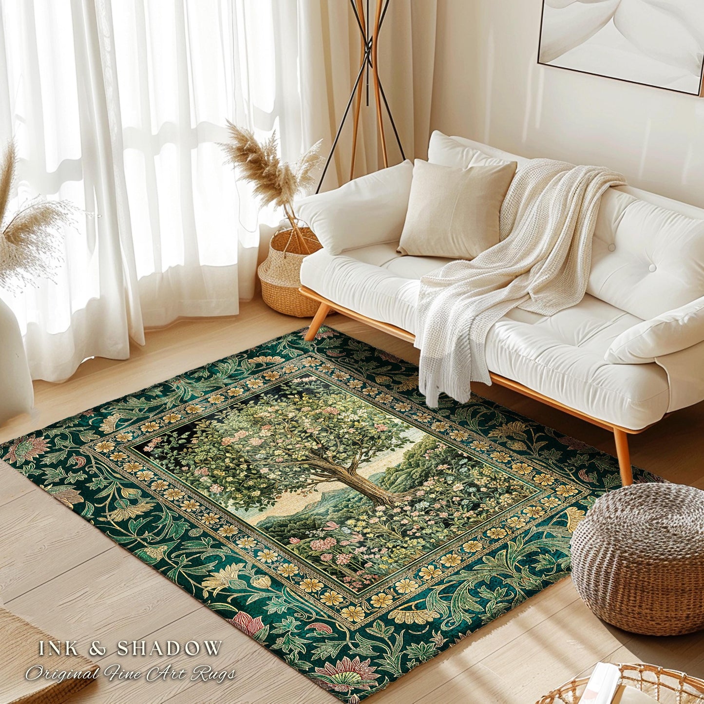 Pastoral Wildflower Garden Tree Area Rug | Floral Mountain Decor Romantic Landscape Home Accent Botanical Nature Rug Romantic Cottagecore |