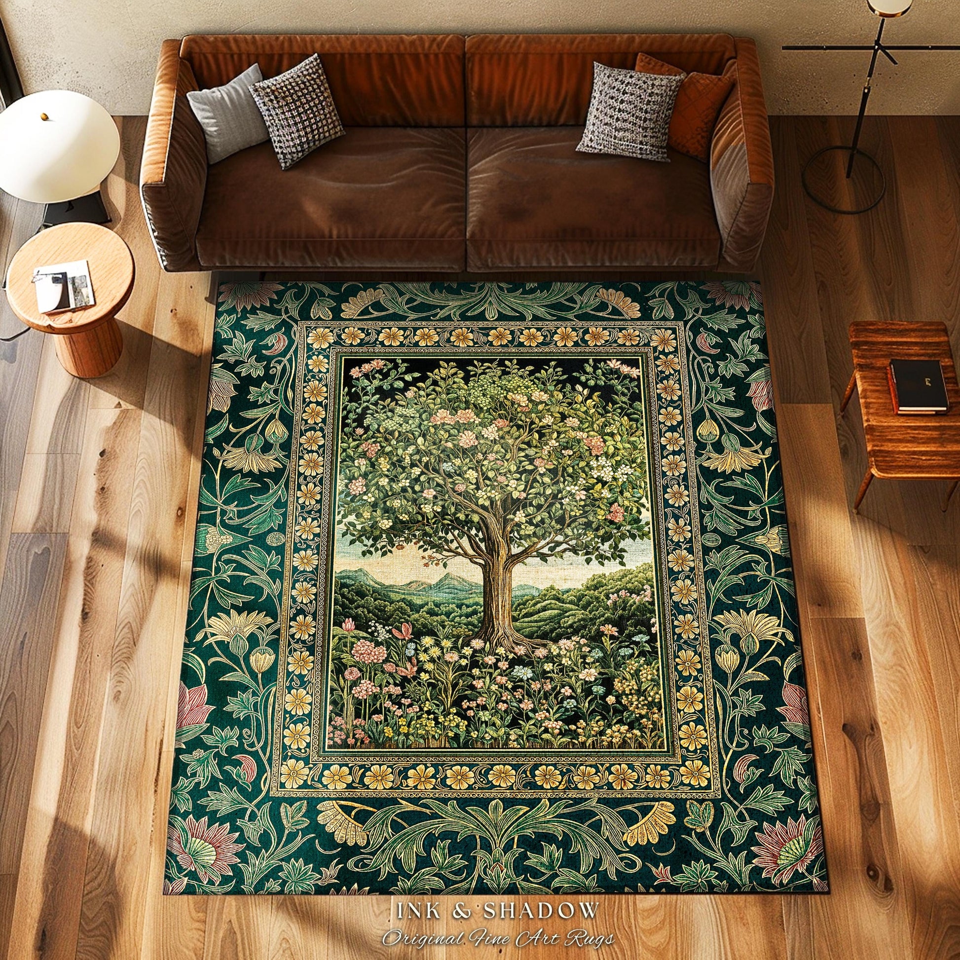Pastoral Wildflower Garden Tree Area Rug | Floral Mountain Decor Romantic Landscape Home Accent Botanical Nature Rug Romantic Cottagecore |