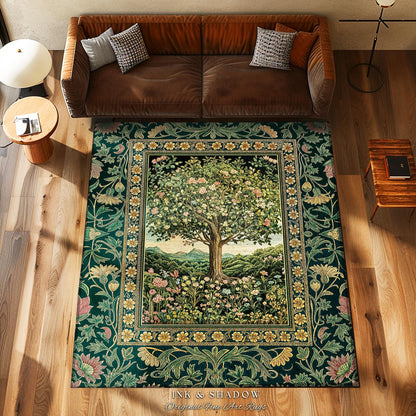 Pastoral Wildflower Garden Tree Area Rug | Floral Mountain Decor Romantic Landscape Home Accent Botanical Nature Rug Romantic Cottagecore |