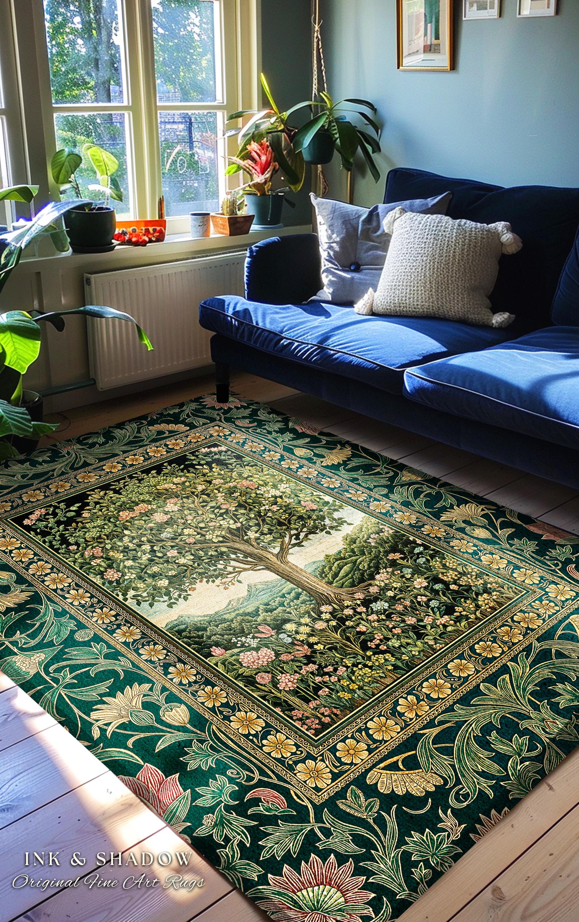 Pastoral Wildflower Garden Tree Area Rug | Floral Mountain Decor Romantic Landscape Home Accent Botanical Nature Rug Romantic Cottagecore |