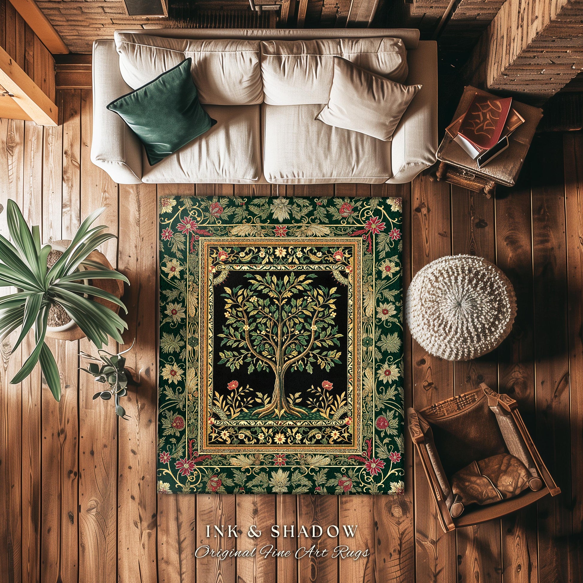 Folk Art Tree of Life Accent Rug | Whimsical Pastel Botanical Theme Symmetrical Floral Ornate Home Accent Classic Aesthetic Medieval Style