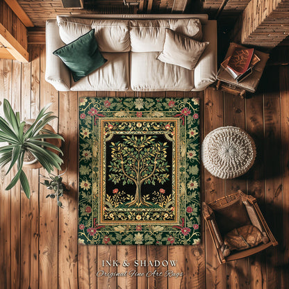 Folk Art Tree of Life Accent Rug | Whimsical Pastel Botanical Theme Symmetrical Floral Ornate Home Accent Classic Aesthetic Medieval Style