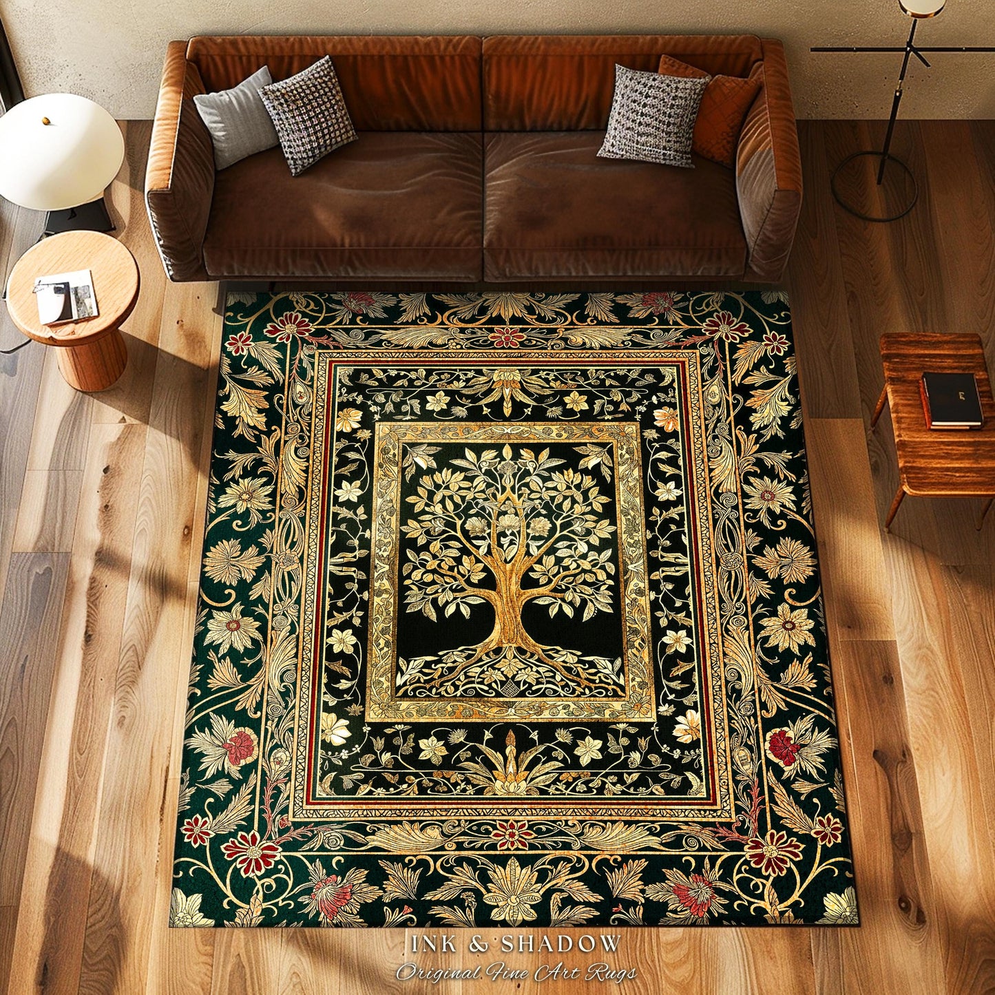 Regal Golden Tree of Life Accent Rug | Gilt Border Ornate Medieval Design Folklore Style Woodland Decor Maximalist Area Rug Nordic Aesthetic