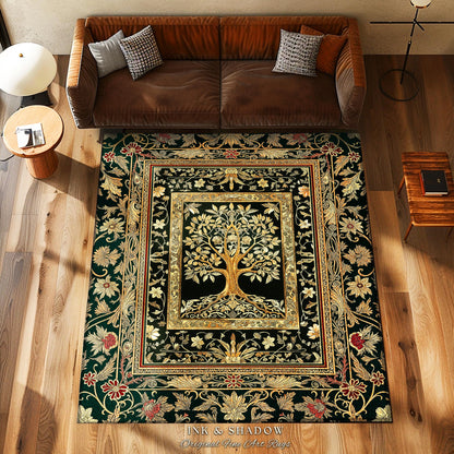 Regal Golden Tree of Life Accent Rug | Gilt Border Ornate Medieval Design Folklore Style Woodland Decor Maximalist Area Rug Nordic Aesthetic