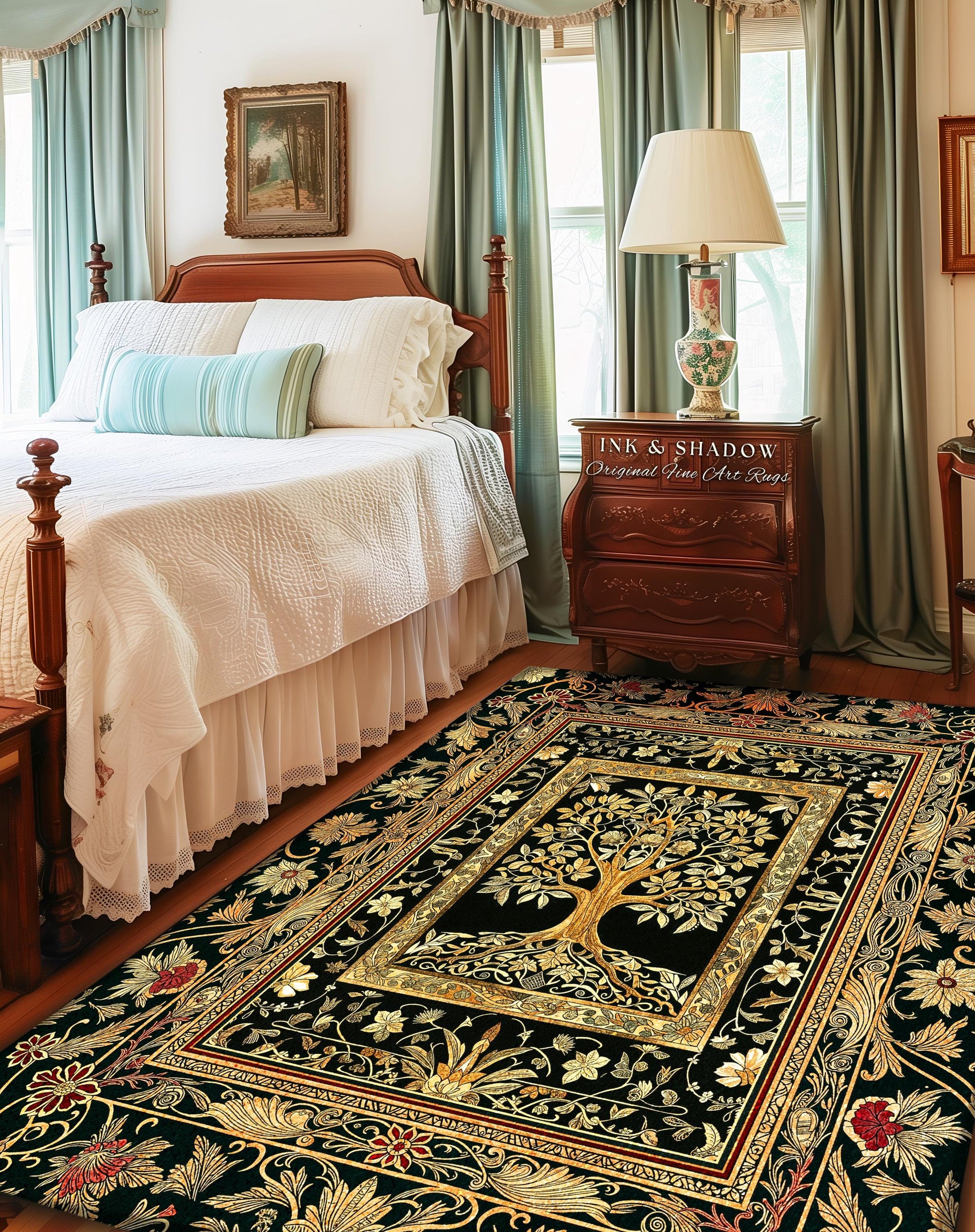 Regal Golden Tree of Life Accent Rug | Gilt Border Ornate Medieval Design Folklore Style Woodland Decor Maximalist Area Rug Nordic Aesthetic