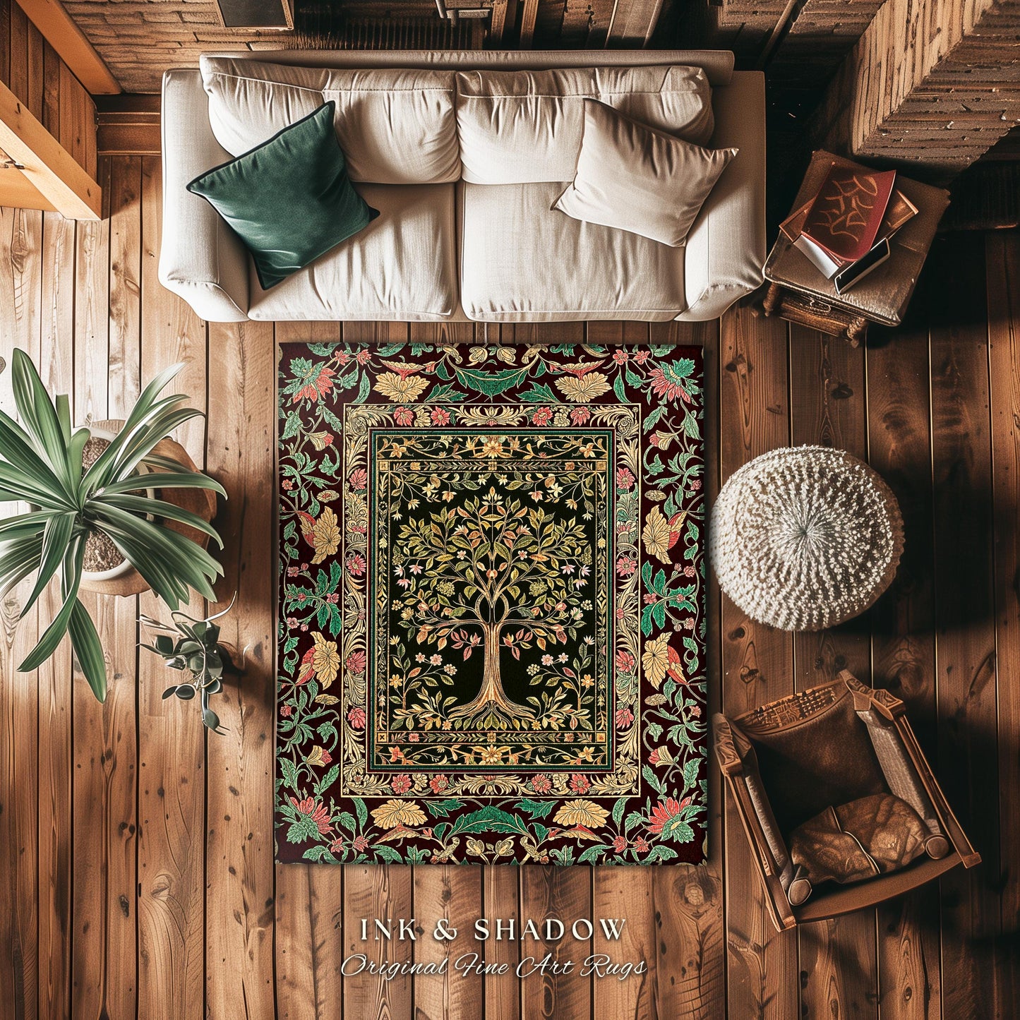 Whimsical Floral Tree of Life Area Rug | Eclectic Botanical Ornate Baroque Border Pastel Home Accent Traditional Folk Art Decor Rustic Style