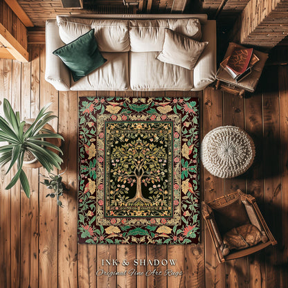 Whimsical Floral Tree of Life Area Rug | Eclectic Botanical Ornate Baroque Border Pastel Home Accent Traditional Folk Art Decor Rustic Style
