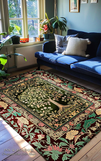 Whimsical Floral Tree of Life Area Rug | Eclectic Botanical Ornate Baroque Border Pastel Home Accent Traditional Folk Art Decor Rustic Style