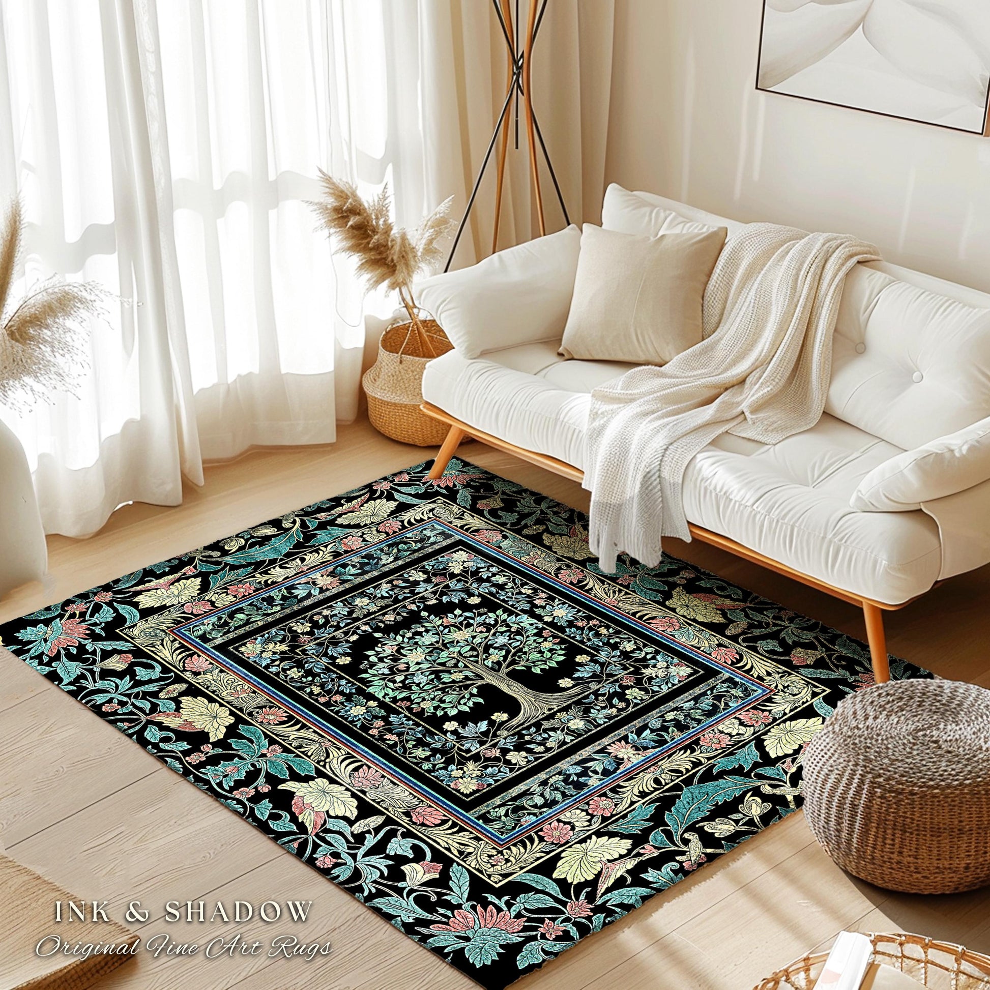 Dark Gothic Pastel Tree of Life Area Rug | Ornate Floral Border Whimsical Botanical Pattern Folk Garden Style Classic Decorative Home Accent
