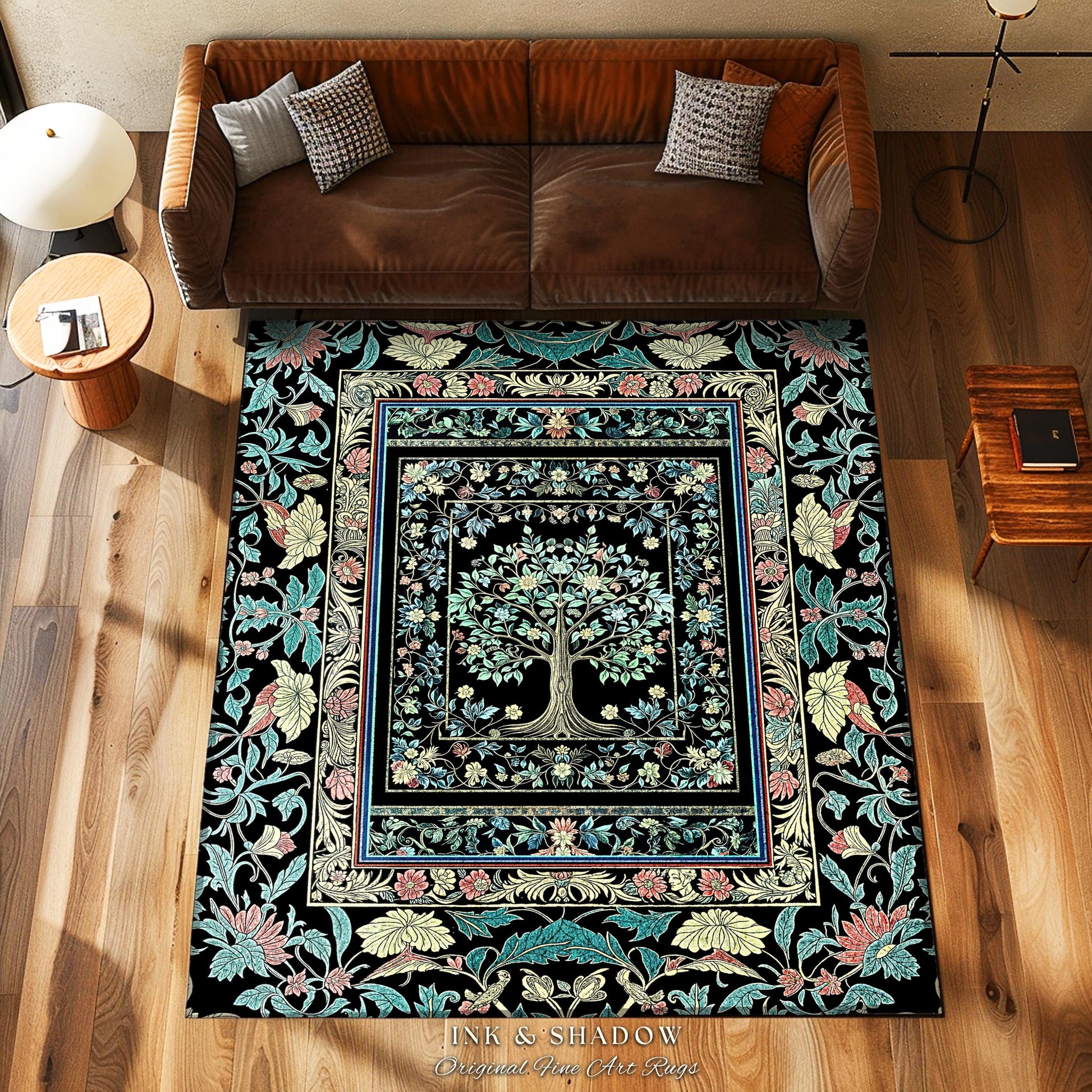 Dark Gothic Pastel Tree of Life Area Rug | Ornate Floral Border Whimsical Botanical Pattern Folk Garden Style Classic Decorative Home Accent