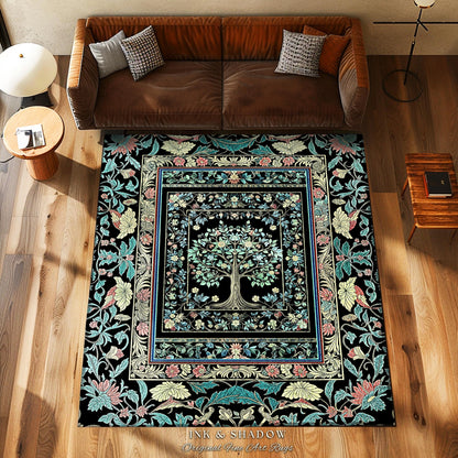 Dark Gothic Pastel Tree of Life Area Rug | Ornate Floral Border Whimsical Botanical Pattern Folk Garden Style Classic Decorative Home Accent