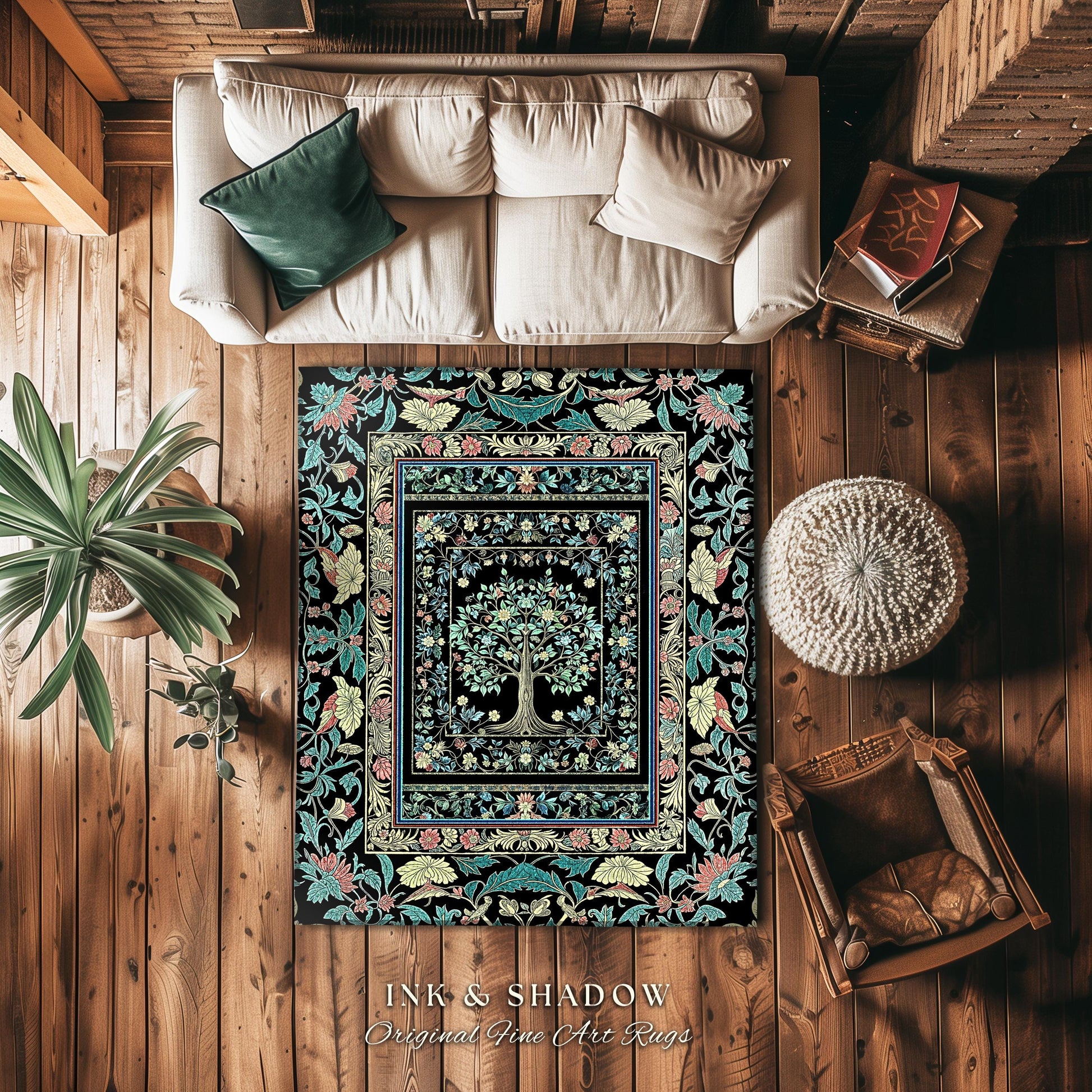 Dark Gothic Pastel Tree of Life Area Rug | Ornate Floral Border Whimsical Botanical Pattern Folk Garden Style Classic Decorative Home Accent