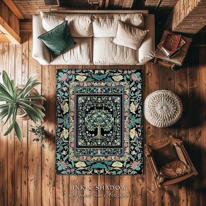 Dark Gothic Pastel Tree of Life Area Rug | Ornate Floral Border Whimsical Botanical Pattern Folk Garden Style Classic Decorative Home Accent