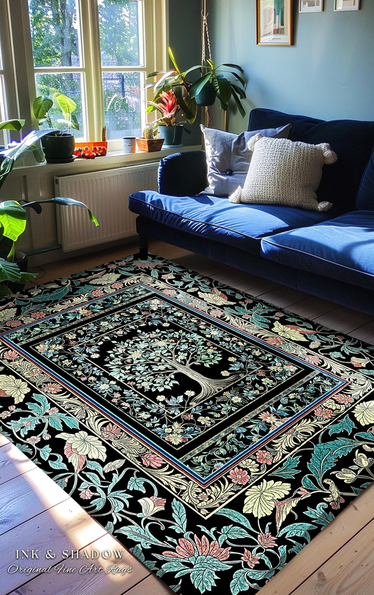 Dark Gothic Pastel Tree of Life Area Rug | Ornate Floral Border Whimsical Botanical Pattern Folk Garden Style Classic Decorative Home Accent