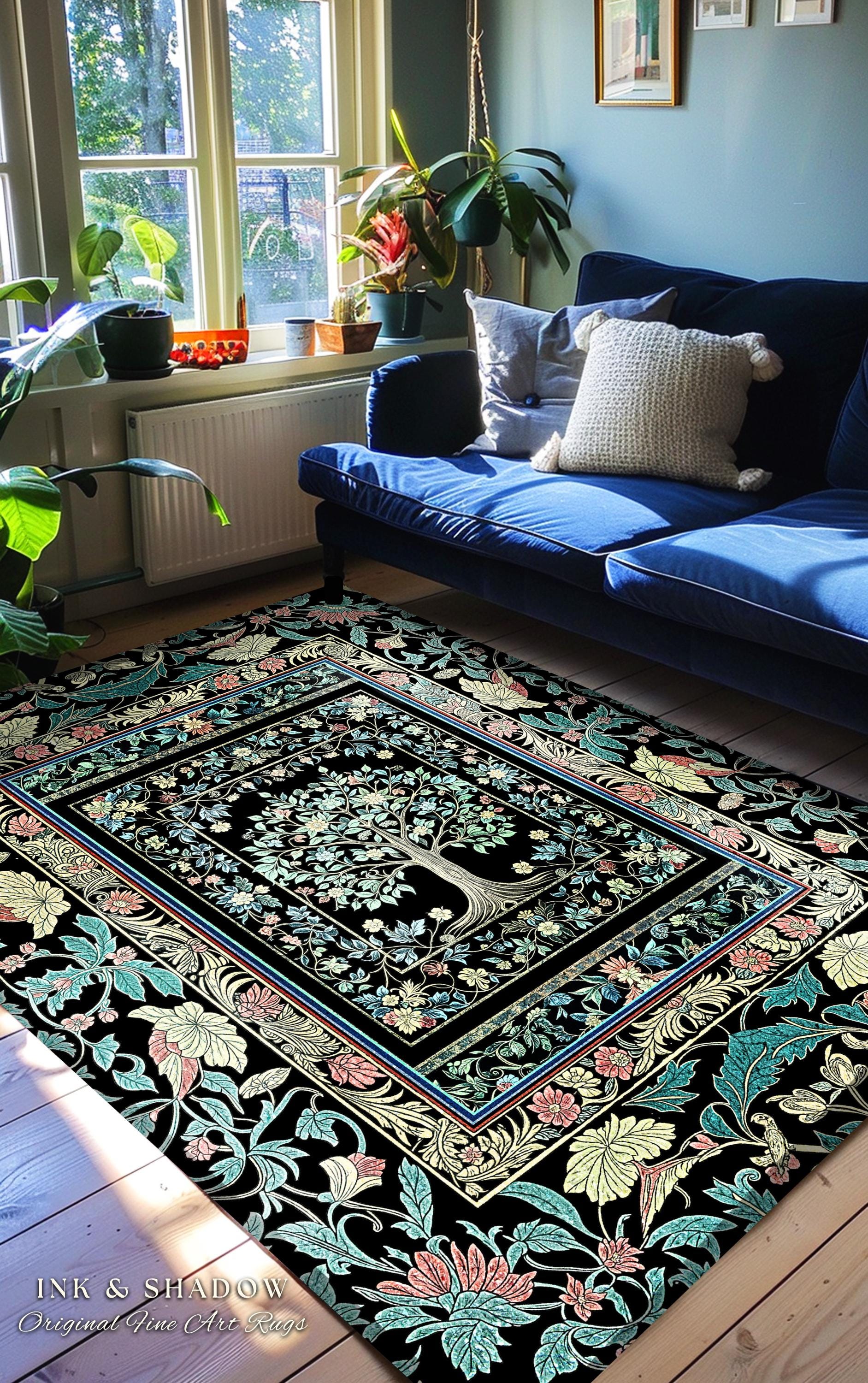 Dark Gothic Pastel Tree of Life Area Rug | Ornate Floral Border Whimsical Botanical Pattern Folk Garden Style Classic Decorative Home Accent