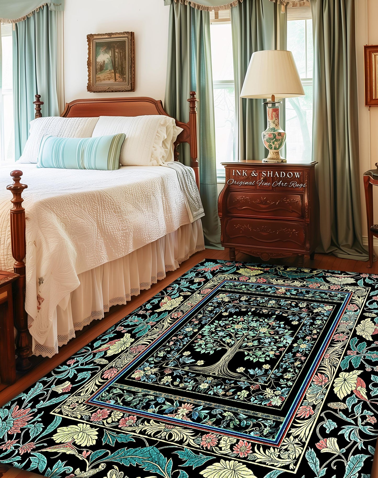 Dark Gothic Pastel Tree of Life Area Rug | Ornate Floral Border Whimsical Botanical Pattern Folk Garden Style Classic Decorative Home Accent