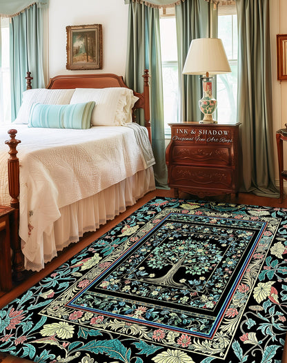 Dark Gothic Pastel Tree of Life Area Rug | Ornate Floral Border Whimsical Botanical Pattern Folk Garden Style Classic Decorative Home Accent