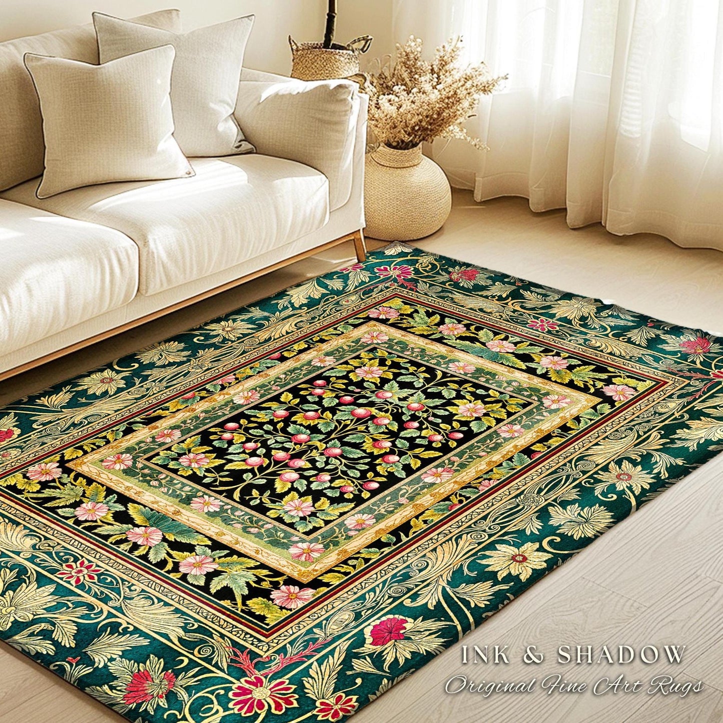 Botanical Abundance Gothic Area Rug | Baroque Rococo Garden Design Romantic Floral Accent Romantic Dark Cottagecore Vintage Botanical Decor