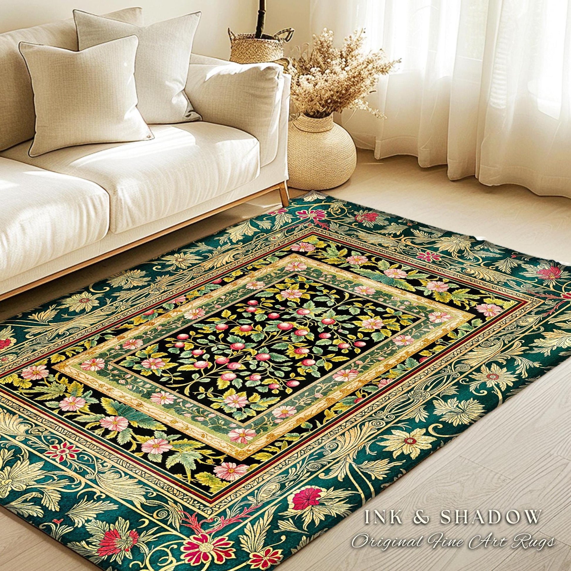 Botanical Abundance Gothic Area Rug | Baroque Rococo Garden Design Romantic Floral Accent Romantic Dark Cottagecore Vintage Botanical Decor