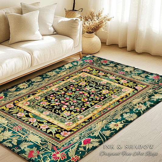 Botanical Abundance Gothic Area Rug | Baroque Rococo Garden Design Romantic Floral Accent Romantic Dark Cottagecore Vintage Botanical Decor