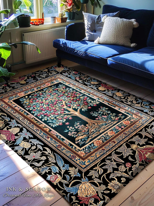 Medieval Cherry Tree of Life Area Rug | Baroque Botanical Pattern Romantic Gothic Style Vintage Garden Fruit Accent Maximalist Home Decor