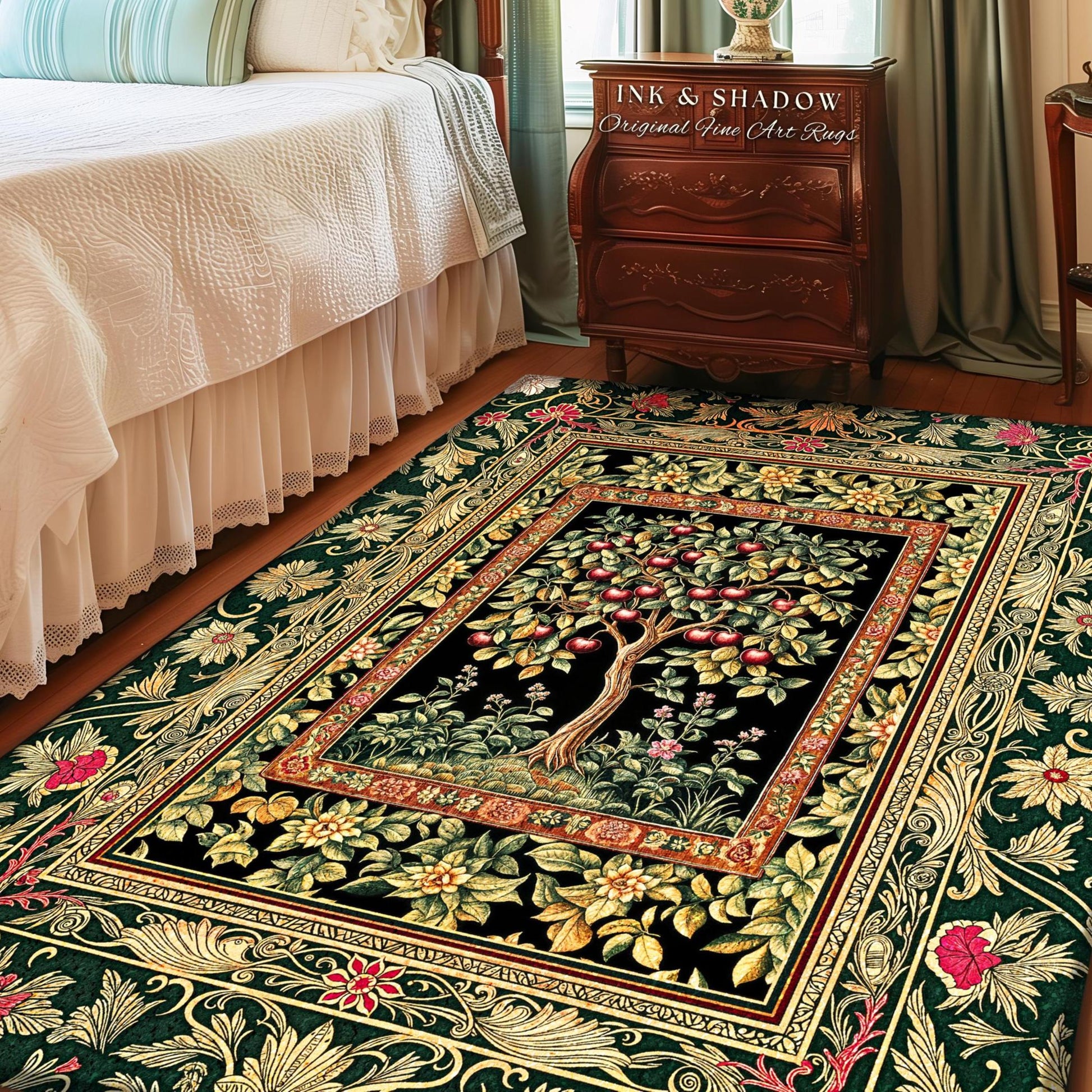Storybook Gothic Cherry Tree Rug | Romantic Woodland Botanical Fruit Design Ornate Floral Tapestry Baroque Garden Accent Medieval Home Decor