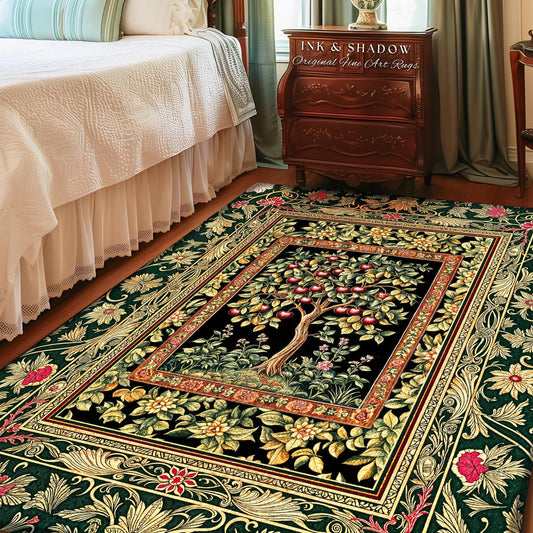 Storybook Gothic Cherry Tree Rug | Romantic Woodland Botanical Fruit Design Ornate Floral Tapestry Baroque Garden Accent Medieval Home Decor