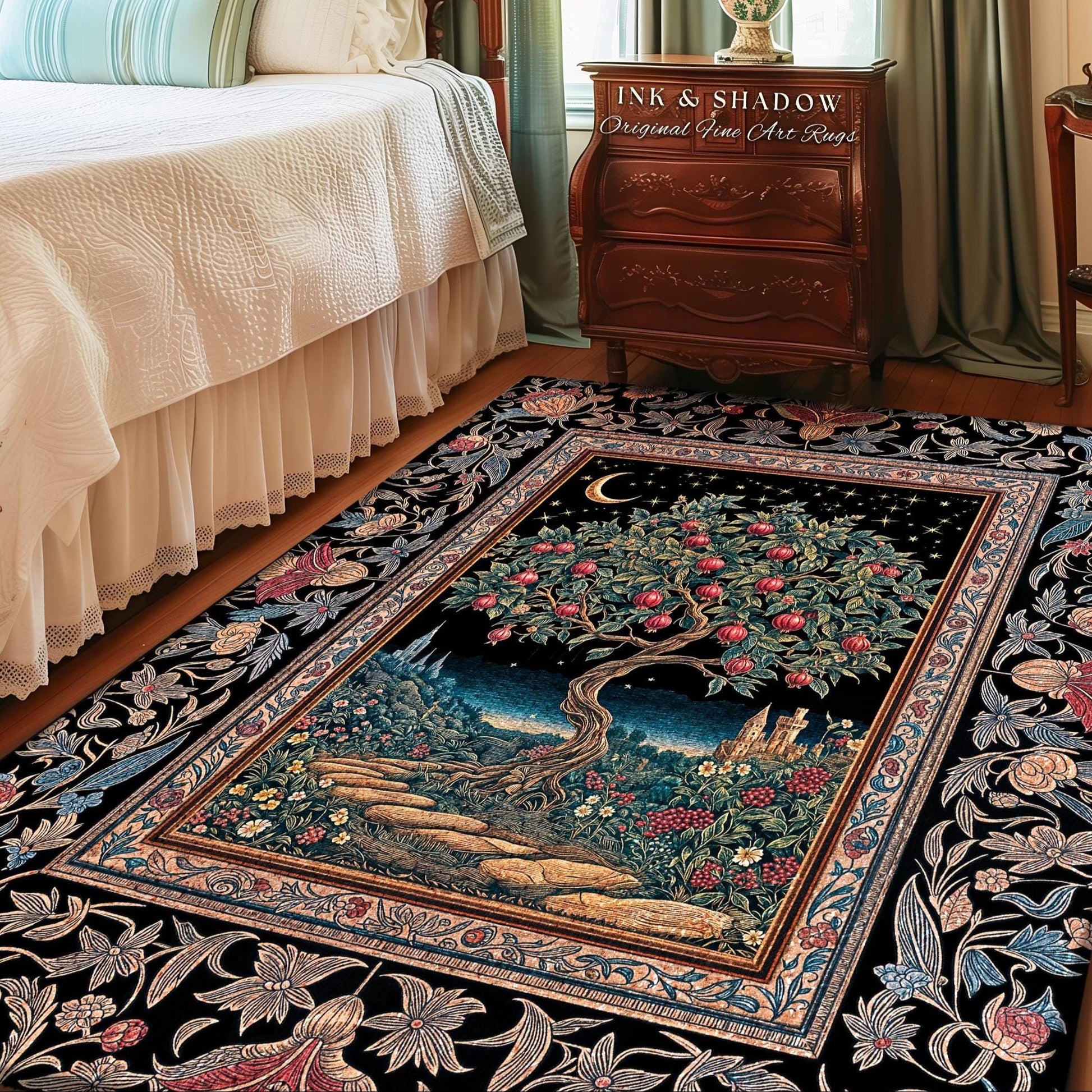 Twilight Orchard Tree Life Area Rug | Enchanted Harvest Aesthetic Crimson Moonlit Medieval Magic Style Eclectic Interior Home Accent Boho