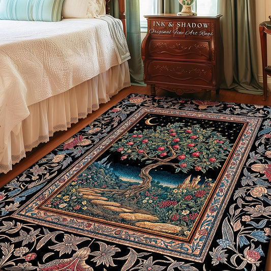 Twilight Orchard Tree Life Area Rug | Enchanted Harvest Aesthetic Crimson Moonlit Medieval Magic Style Eclectic Interior Home Accent Boho