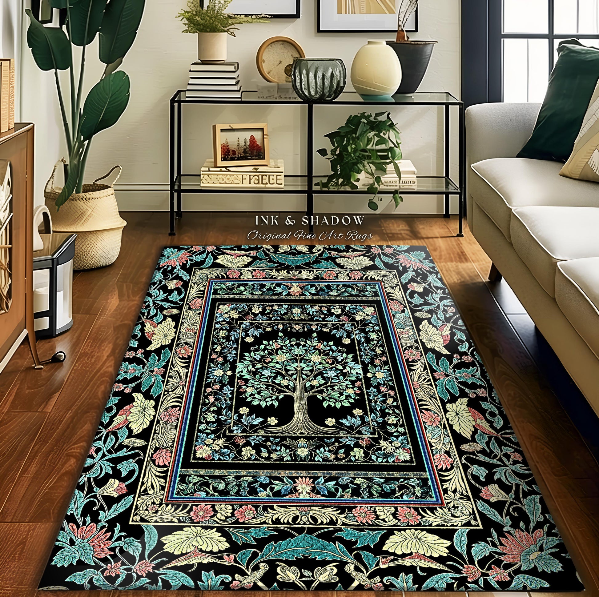 Dark Gothic Pastel Tree of Life Area Rug | Ornate Floral Border Whimsical Botanical Pattern Folk Garden Style Classic Decorative Home Accent