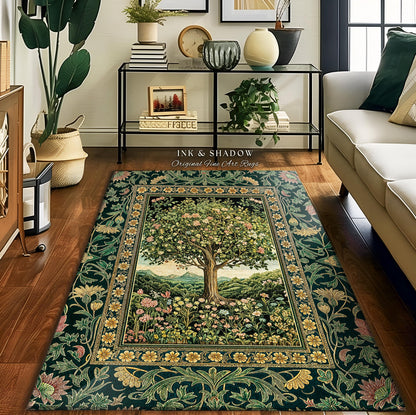 Pastoral Wildflower Garden Tree Area Rug | Floral Mountain Decor Romantic Landscape Home Accent Botanical Nature Rug Romantic Cottagecore |