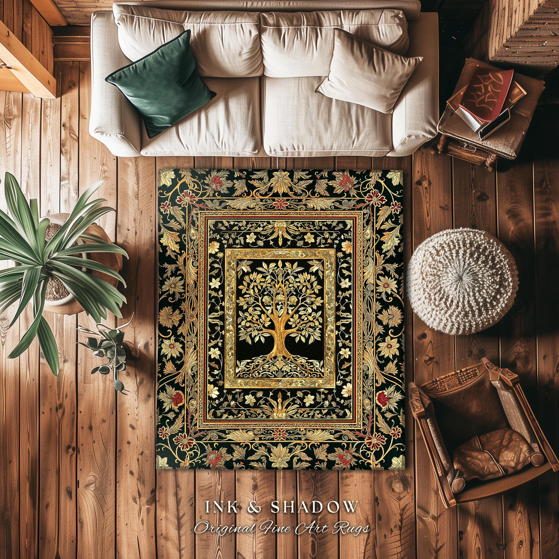 Regal Golden Tree of Life Accent Rug | Gilt Border Ornate Medieval Design Folklore Style Woodland Decor Maximalist Area Rug Nordic Aesthetic